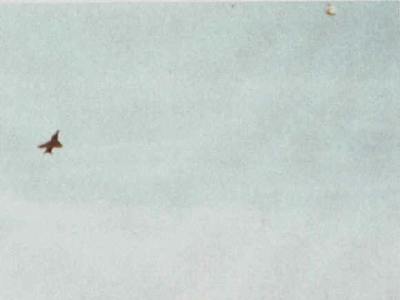 Fotografia obtida proximo à base aérea de Hyakuri. Na foto observa-se um caça japonês em perseguição à um OVNI.